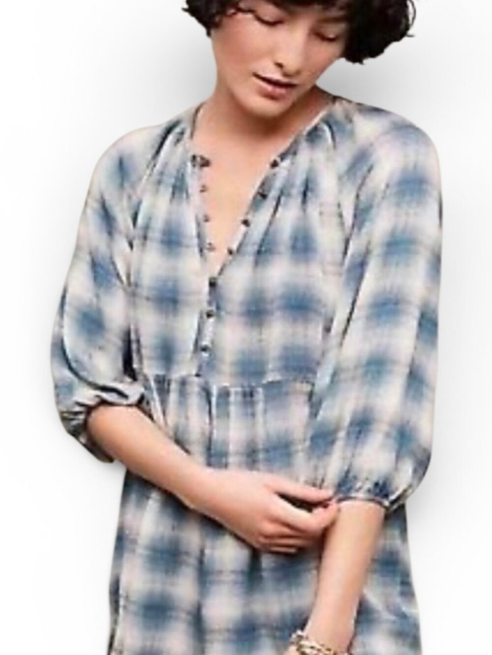 MAEVE X ANTHROPOLOGIE Blue Plaid Lightweight Cavalon Peplum Blouse - XS